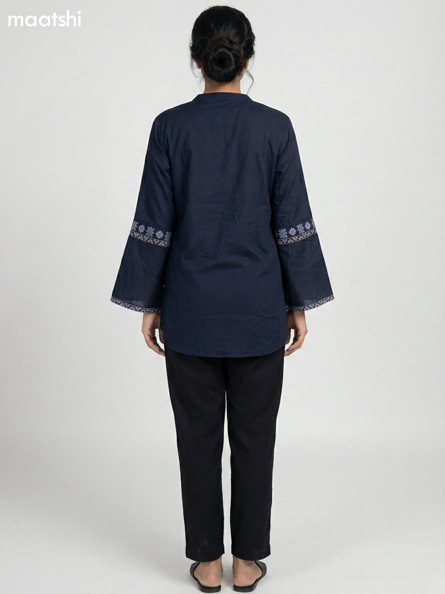 Navy Blue Cotton Embroidery Work Short Kurti