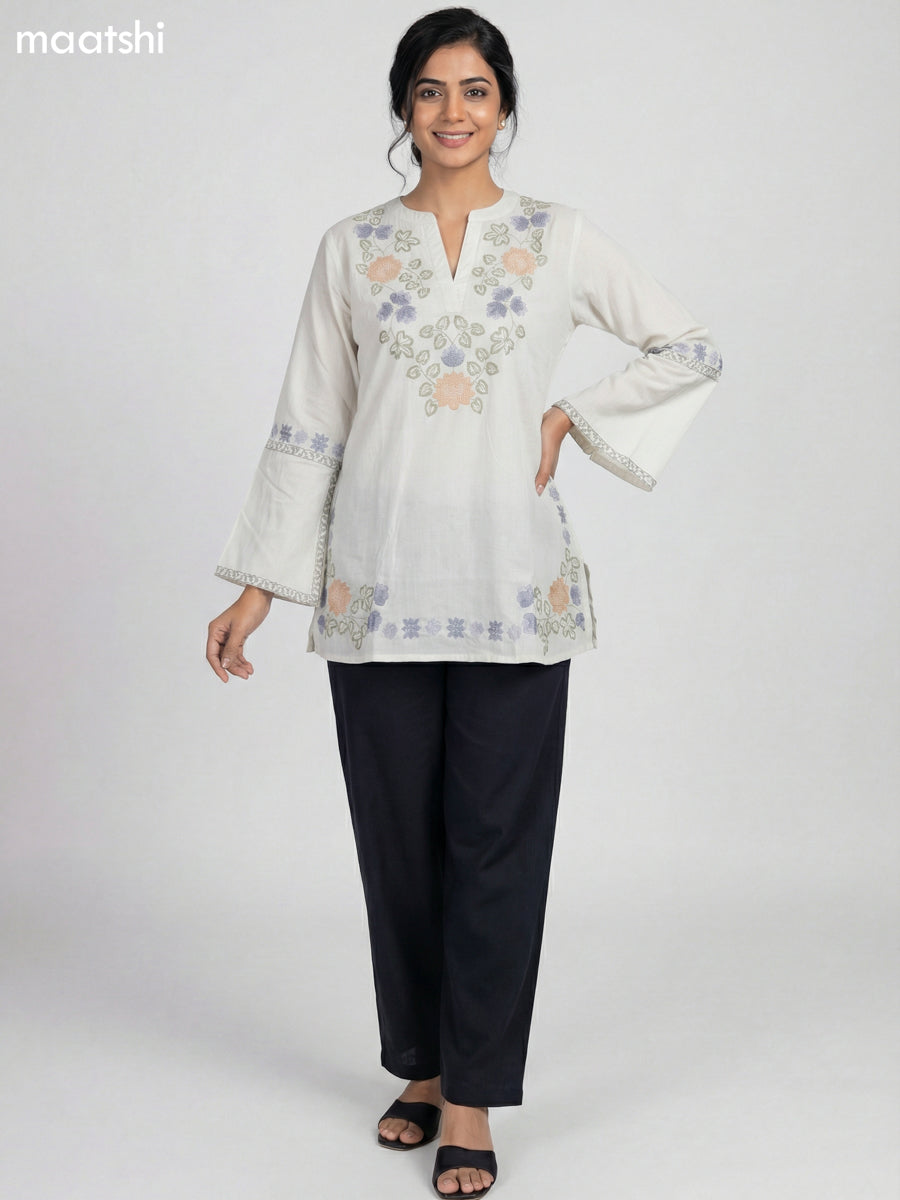 Pastel Green Cotton Embroidery Work Short Kurti