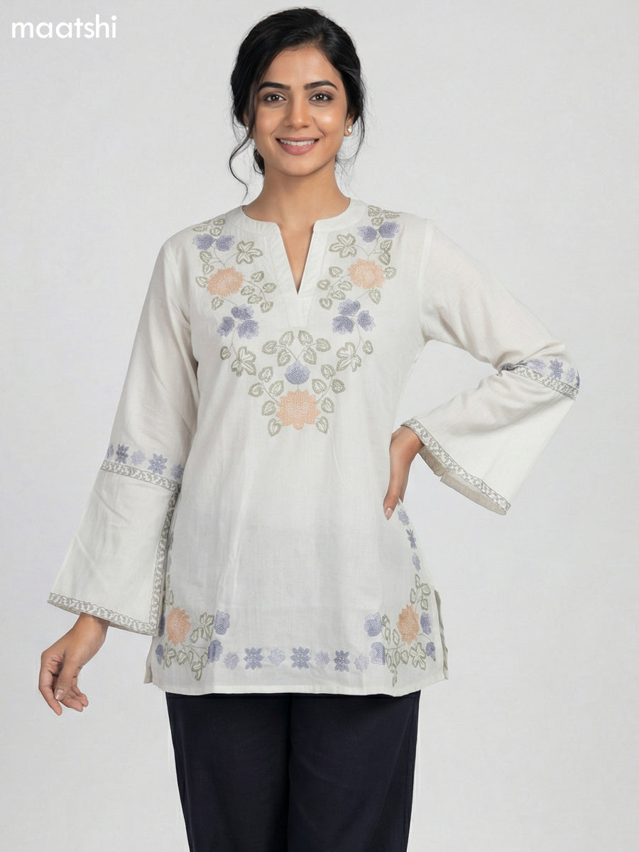 Pastel Green Cotton Embroidery Work Short Kurti