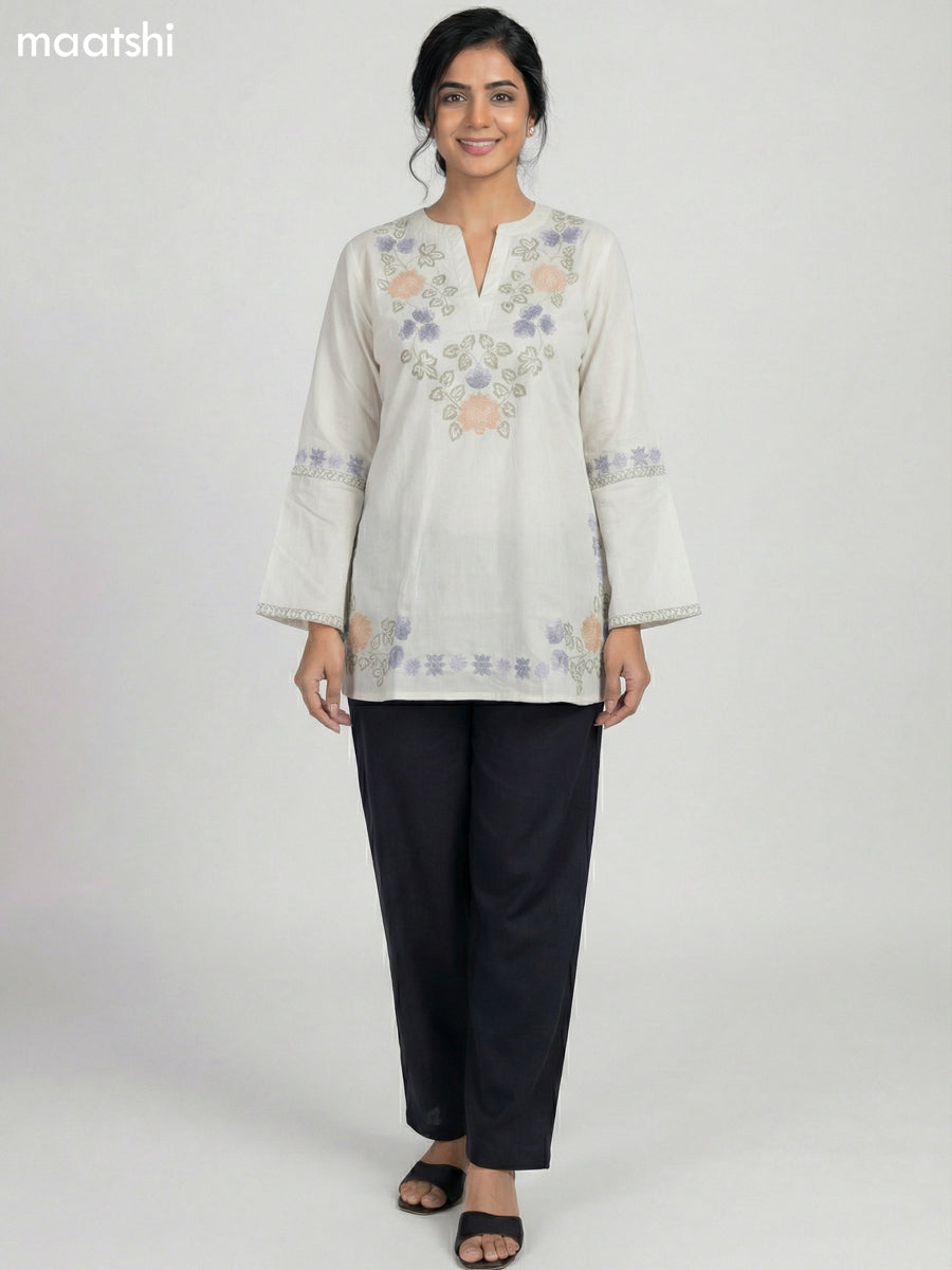 Pastel Green Cotton Embroidery Work Short Kurti