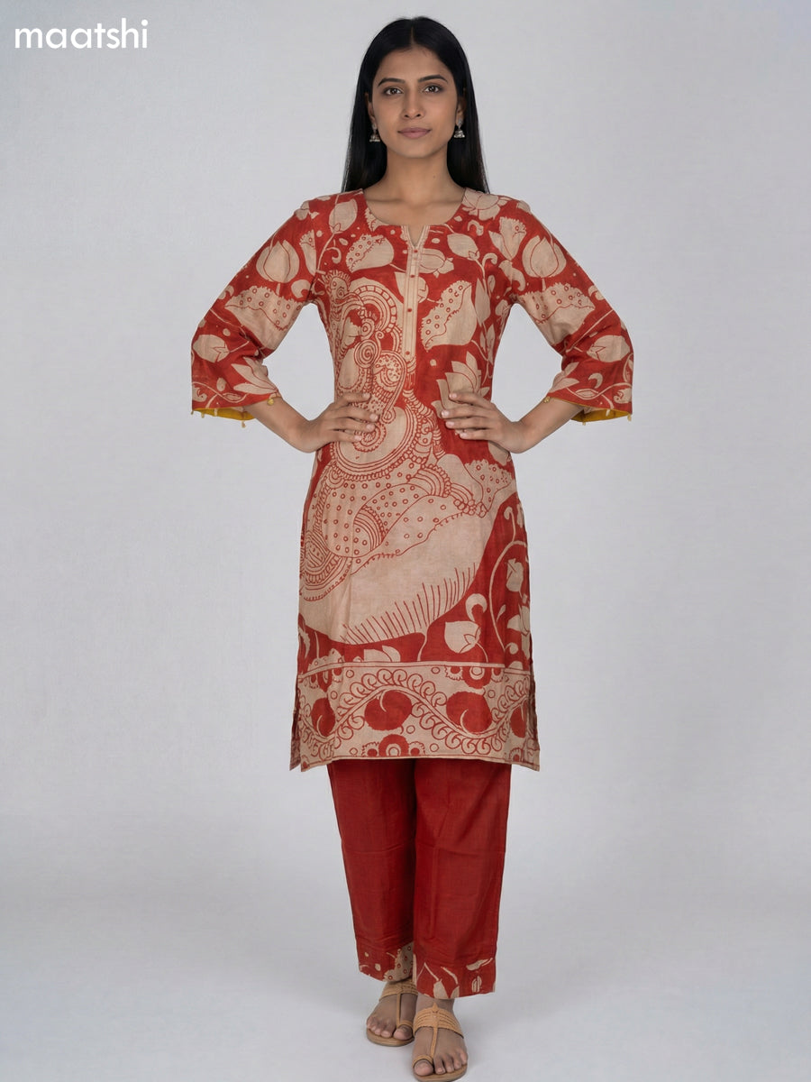 Red and Beige Modal Kalamkari Printed Kurti Set