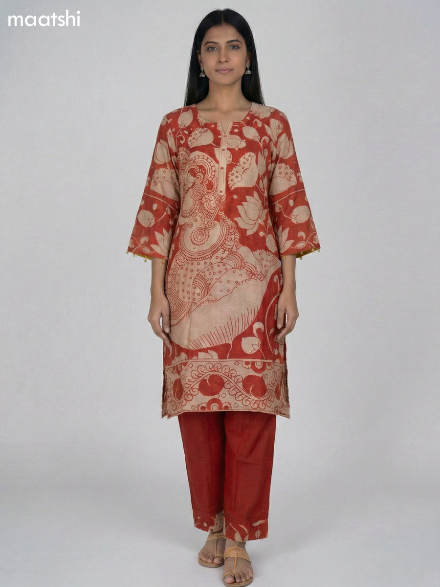 Red and Beige Modal Kalamkari Printed Kurti Set