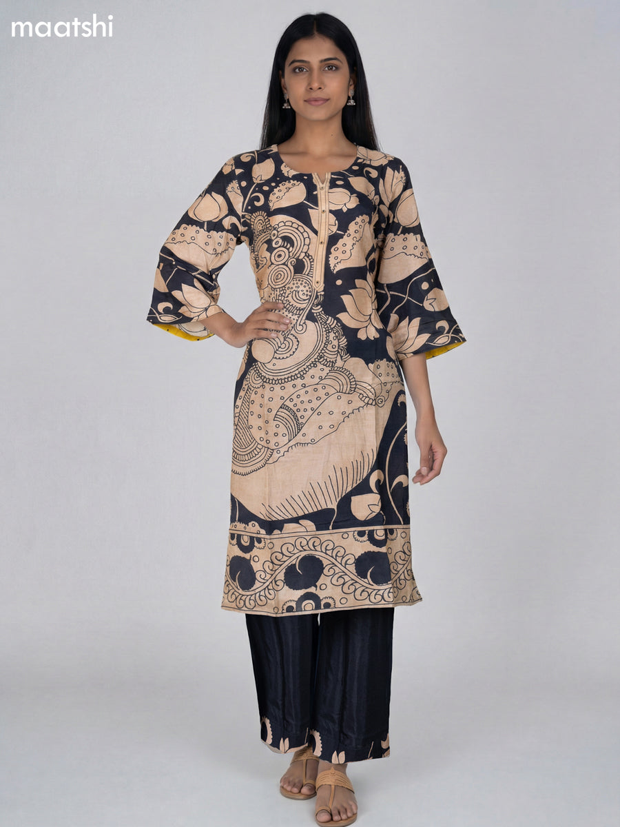 Black and Beige Modal Kalamkari Printed Kurti Set