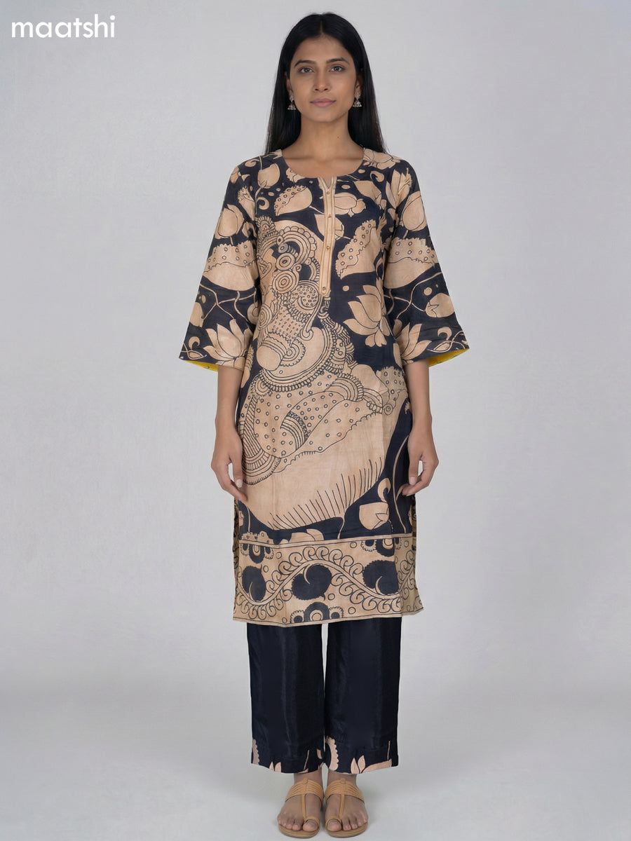 Black and Beige Modal Kalamkari Printed Kurti Set