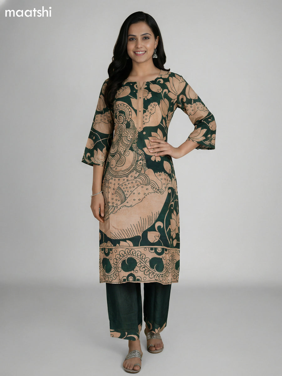 Green and Beige Modal Kalamkari Printed Kurti Set