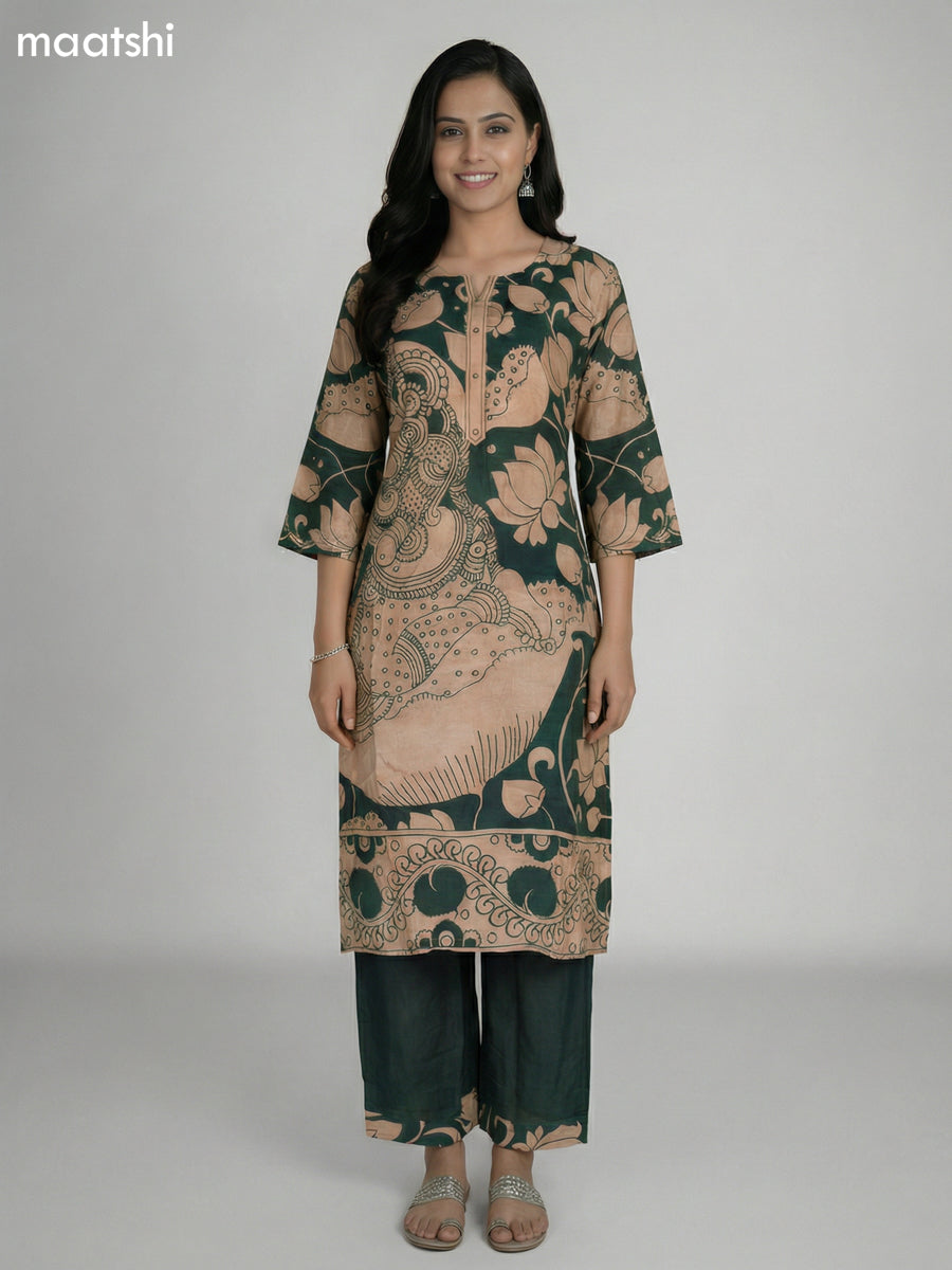 Green and Beige Modal Kalamkari Printed Kurti Set