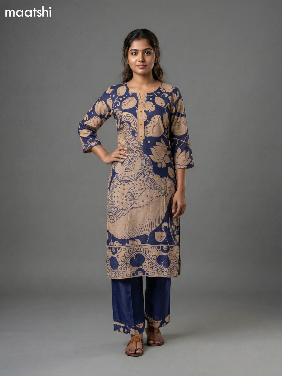 Blue and Beige Modal Kalamkari Printed Kurti Set