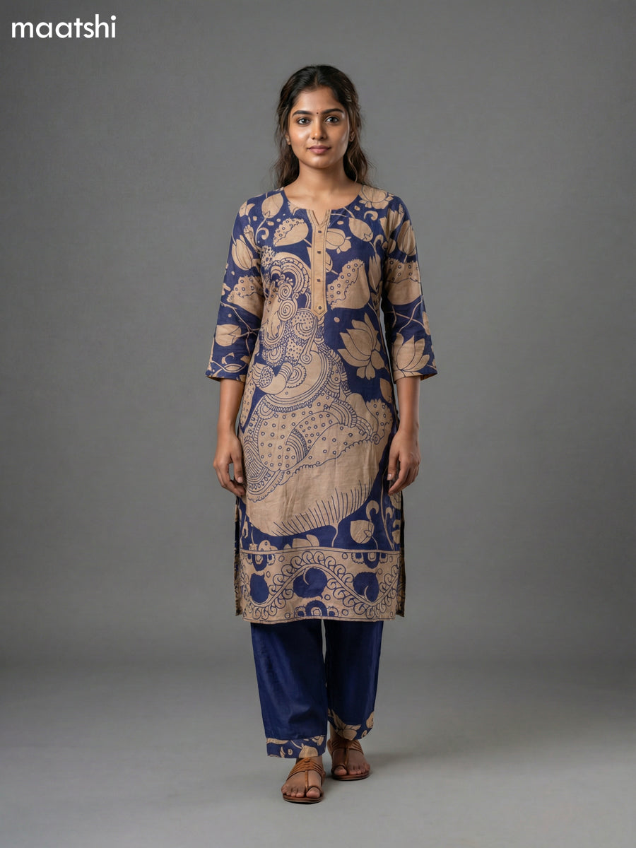 Blue and Beige Modal Kalamkari Printed Kurti Set