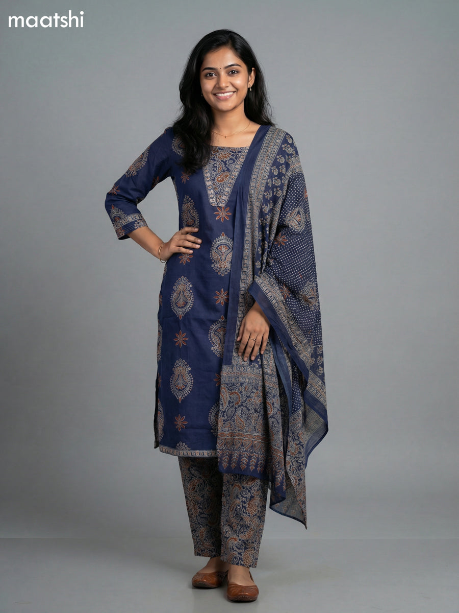 Navy Blue Cotton Printed Straight Suit