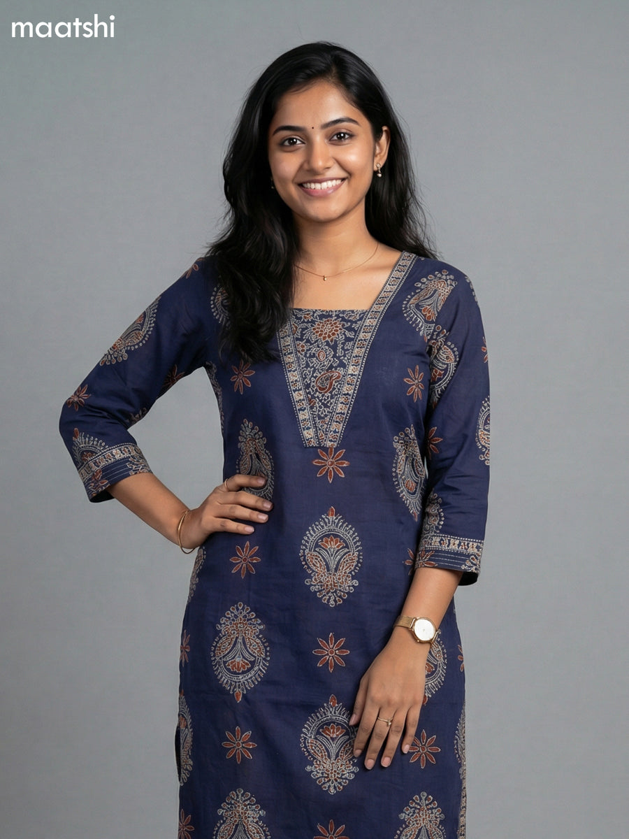 Navy Blue Cotton Printed Straight Suit