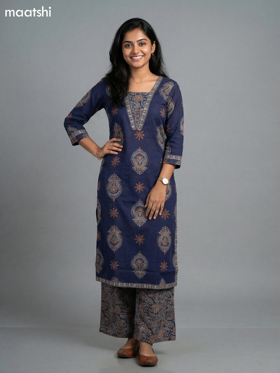 Navy Blue Cotton Printed Straight Suit