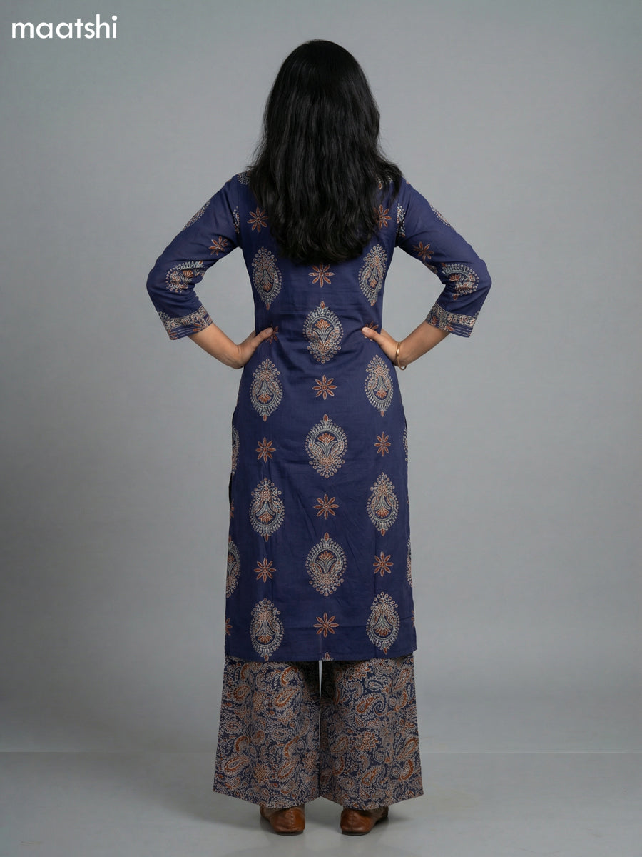 Navy Blue Cotton Printed Straight Suit