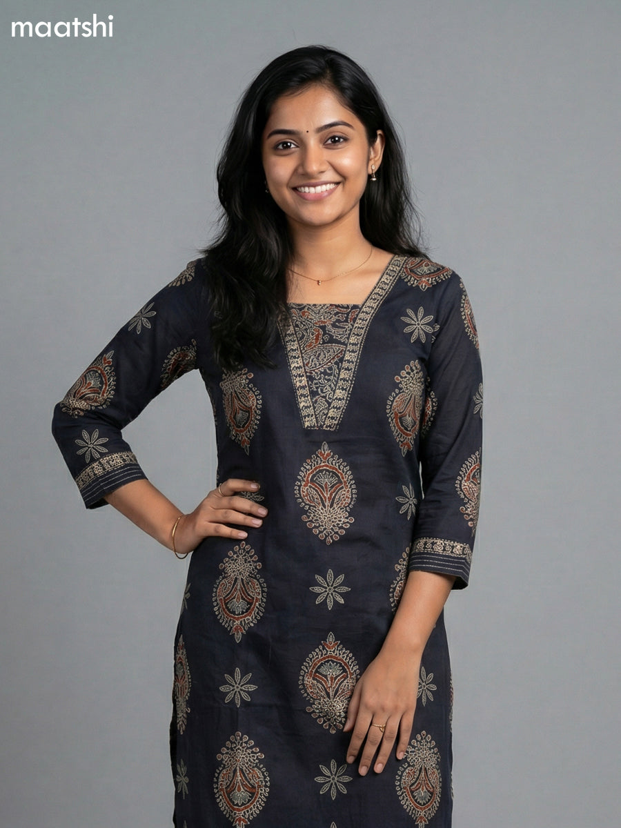 Black Cotton Printed Straight Suit