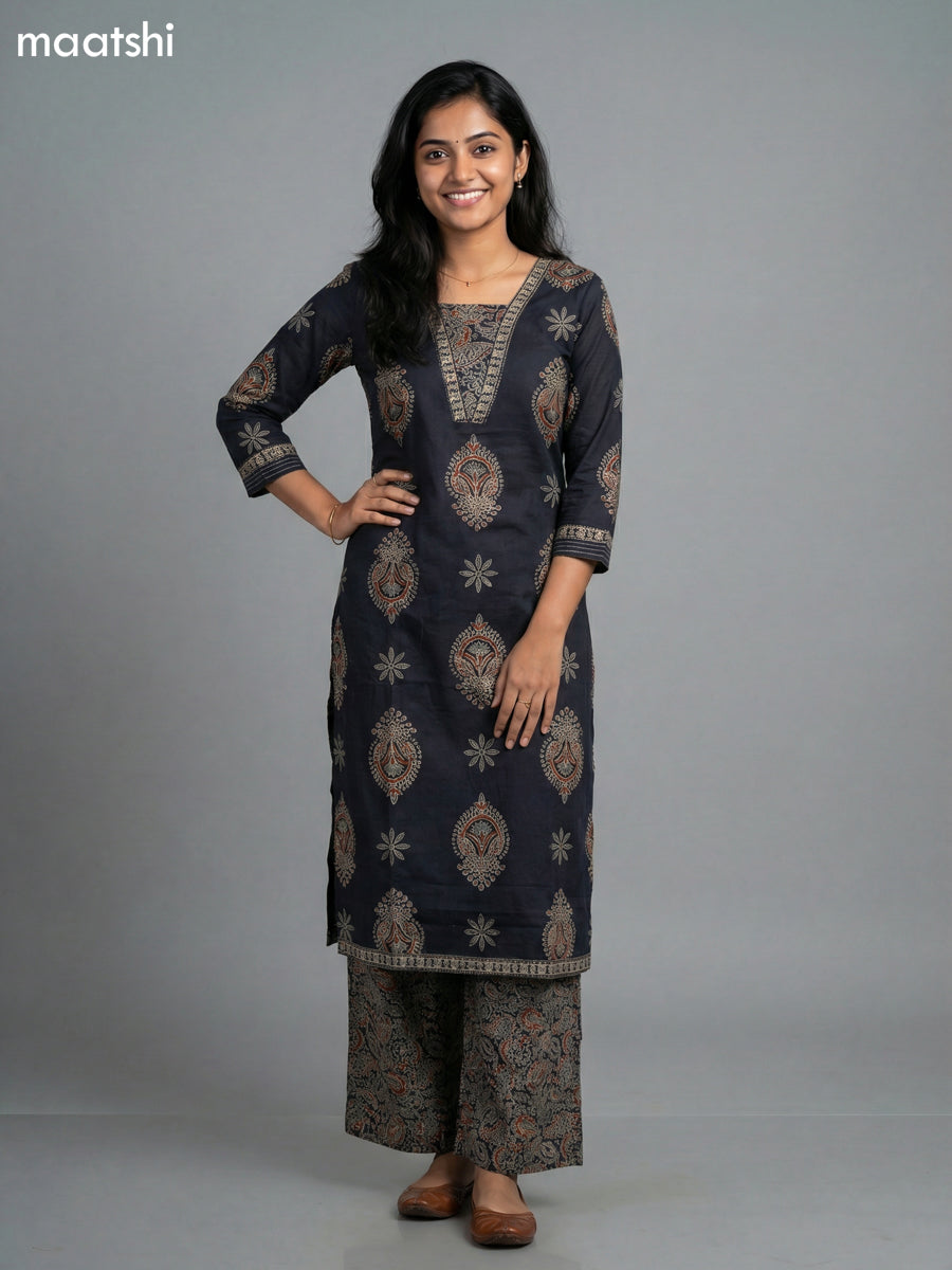 Black Cotton Printed Straight Suit