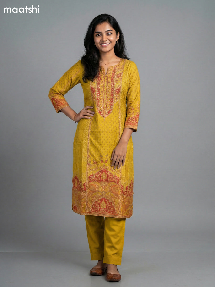 Mustard Yellow Muslin Printed & Embroidery Work Straight Suit