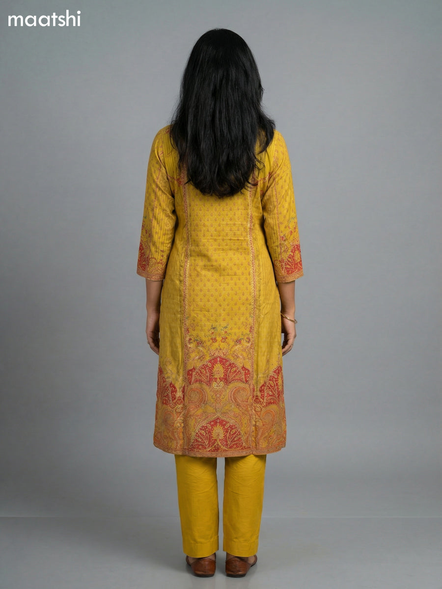 Mustard Yellow Muslin Printed & Embroidery Work Straight Suit