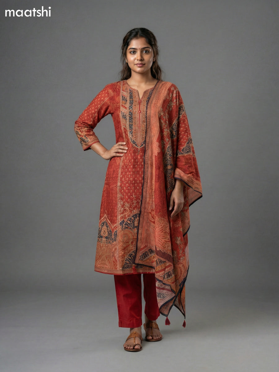 Rustic Maroon Muslin Printed & Embroidery Work Straight Suit