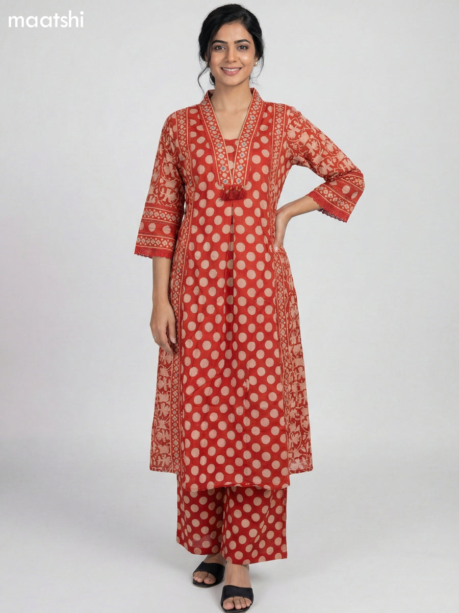 Red Cotton Printed Anarkali Suit