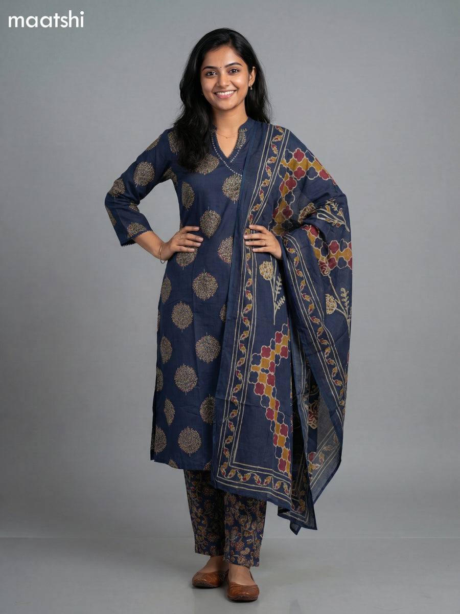 Navy Blue Cotton Printed Straight Suit