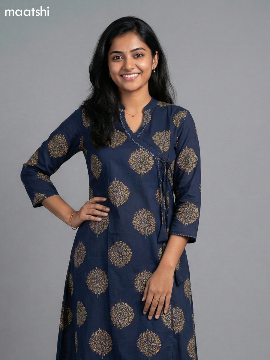 Navy Blue Cotton Printed Straight Suit