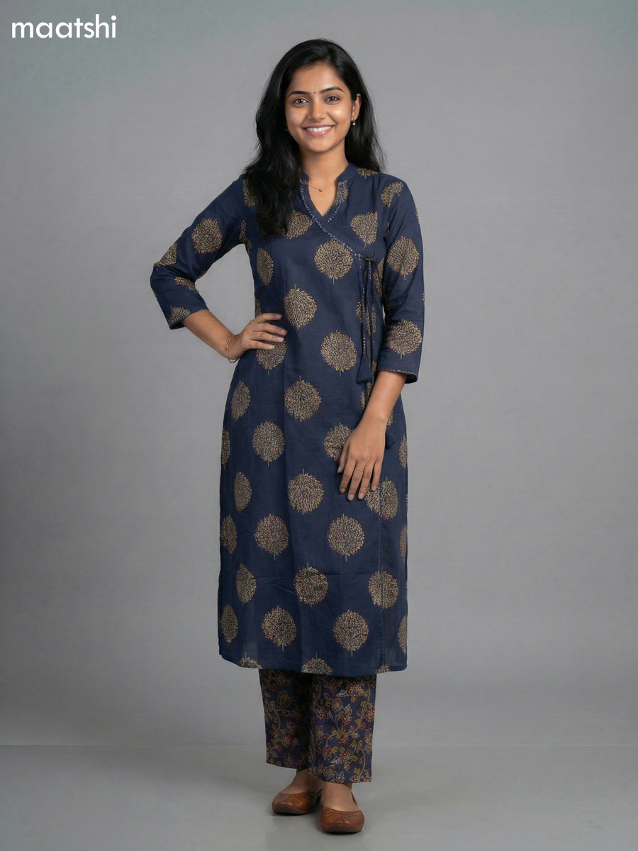 Navy Blue Cotton Printed Straight Suit