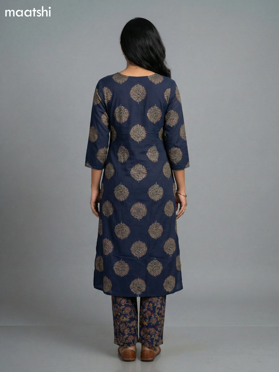 Navy Blue Cotton Printed Straight Suit