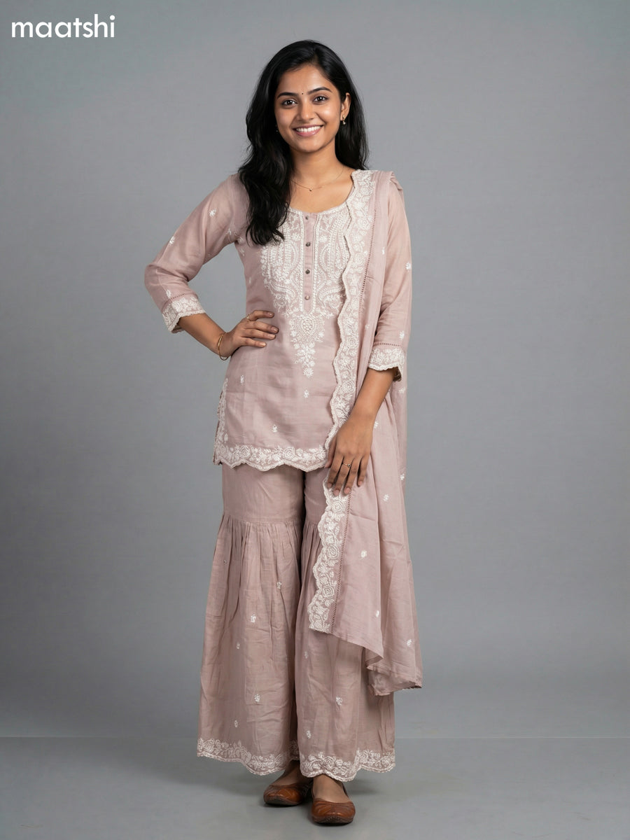 Pastel Brown Mul Chanderi Embroidery Work Short Straight Suit