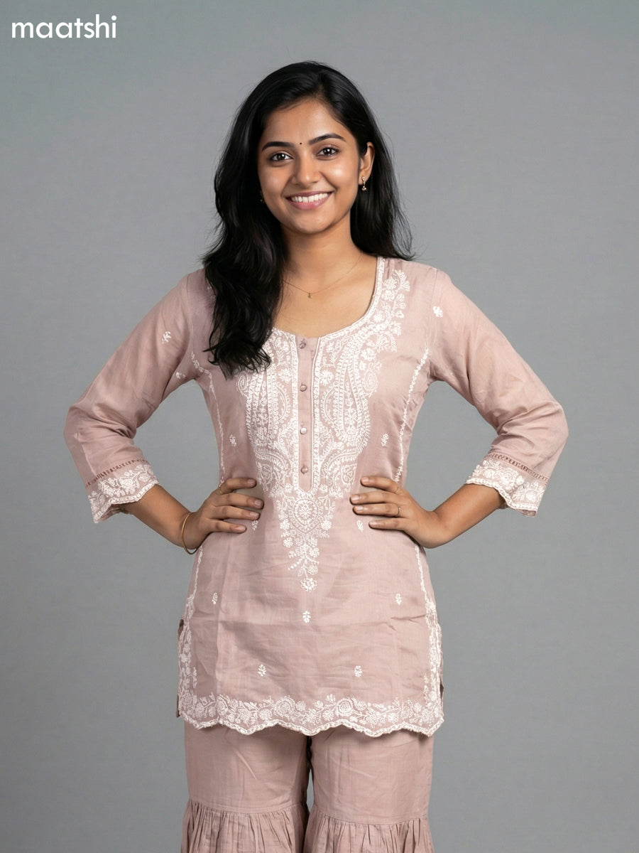 Pastel Brown Mul Chanderi Embroidery Work Short Straight Suit