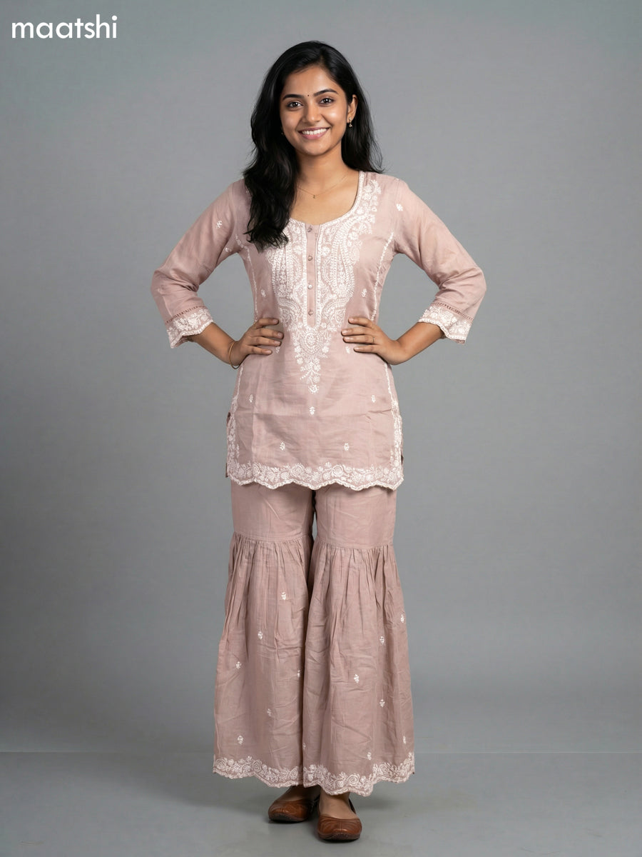 Pastel Brown Mul Chanderi Embroidery Work Short Straight Suit