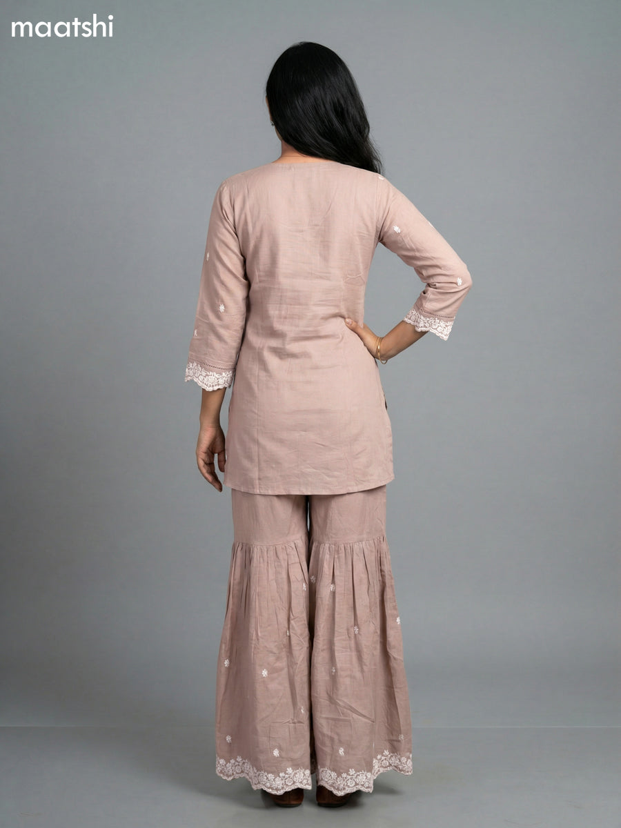 Pastel Brown Mul Chanderi Embroidery Work Short Straight Suit
