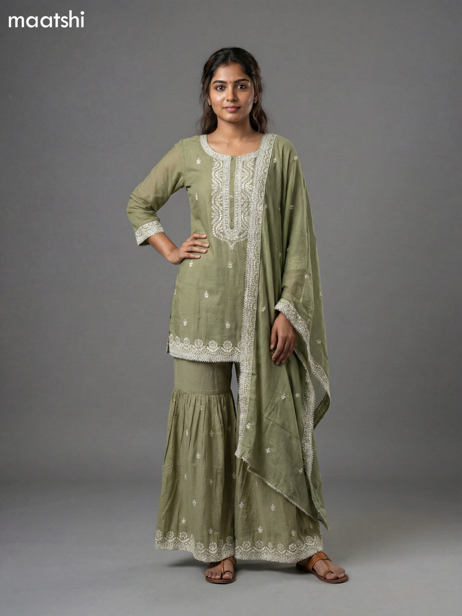 Pastel Green Mul Chanderi Embroidery Work Short Straight Suit
