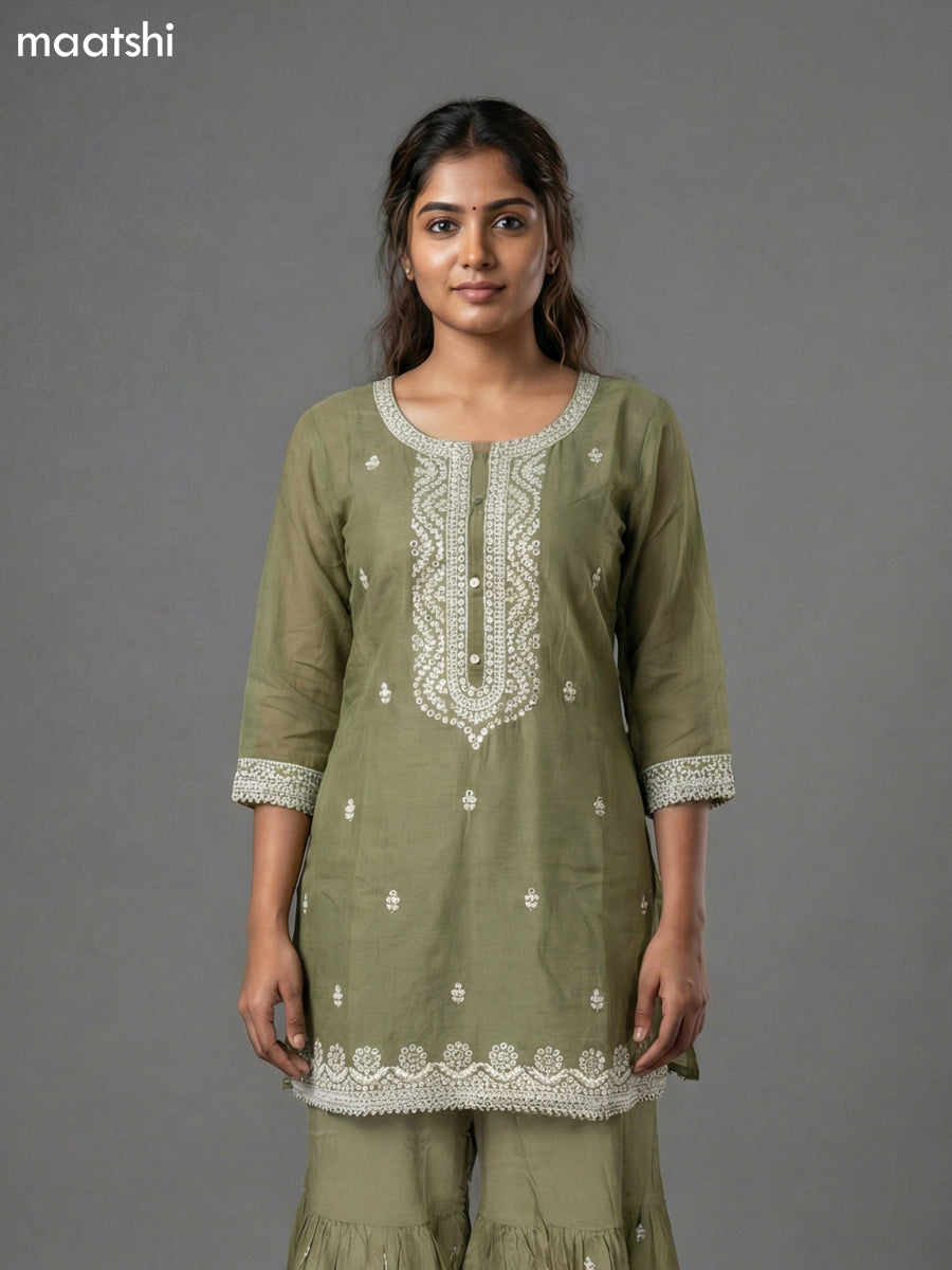 Pastel Green Mul Chanderi Embroidery Work Short Straight Suit