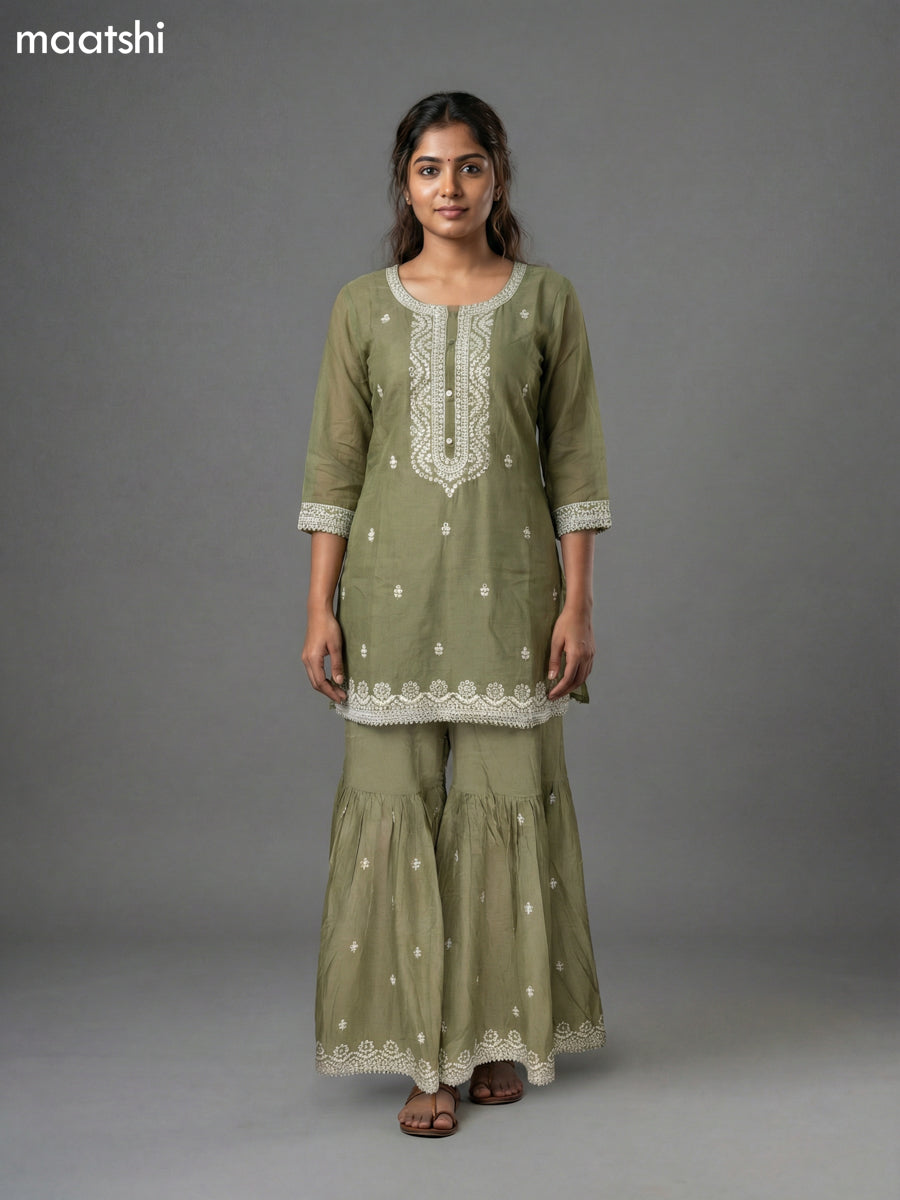 Pastel Green Mul Chanderi Embroidery Work Short Straight Suit