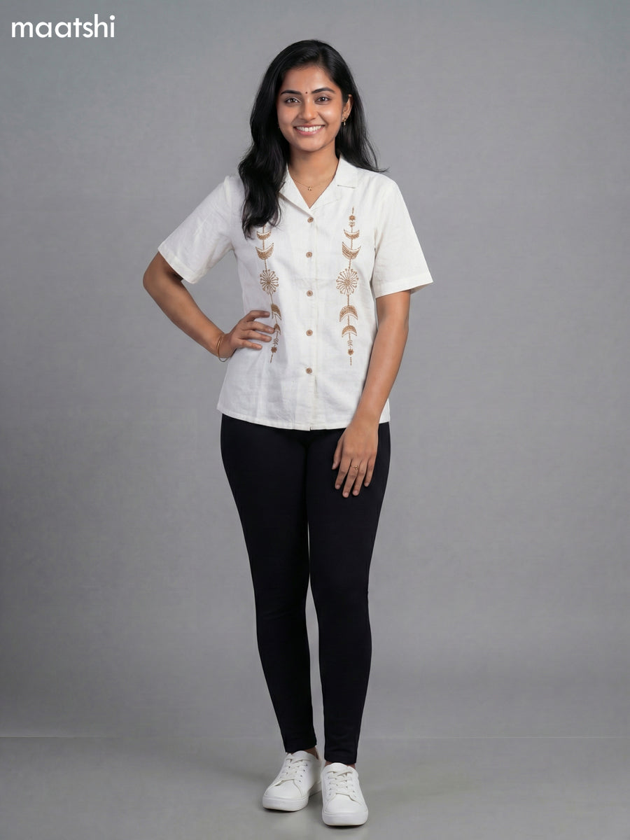 Off White Cotton Embroidered Women Shirt