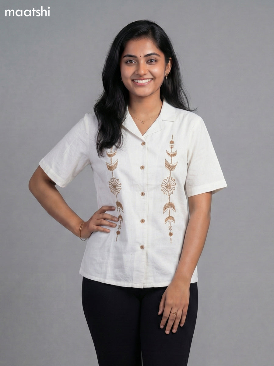 Off White Cotton Embroidered Women Shirt