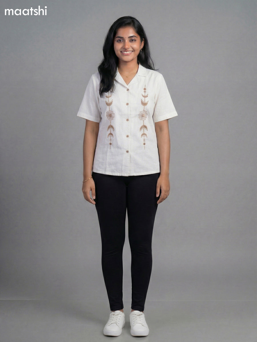 Off White Cotton Embroidered Women Shirt