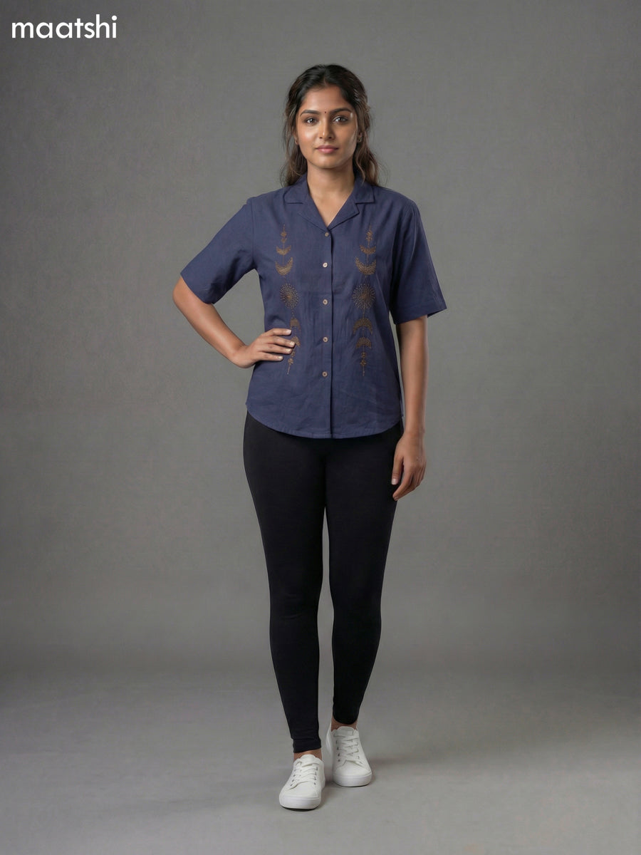 Navy Blue Cotton Embroidered Women Shirt