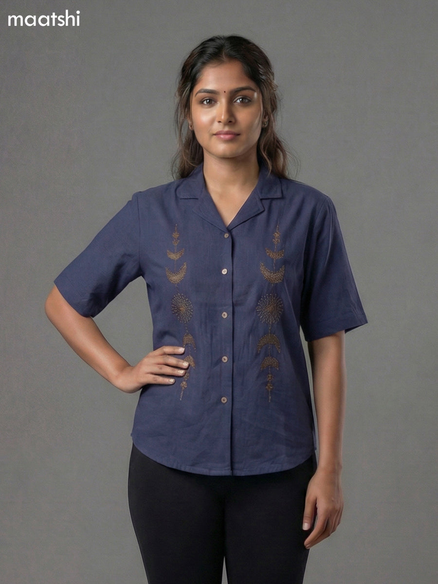 Navy Blue Cotton Embroidered Women Shirt