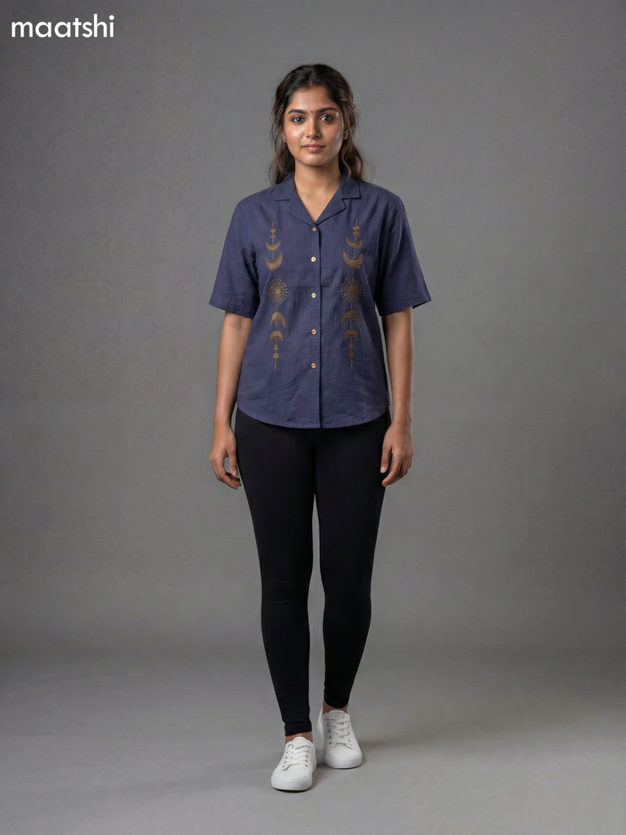 Navy Blue Cotton Embroidered Women Shirt