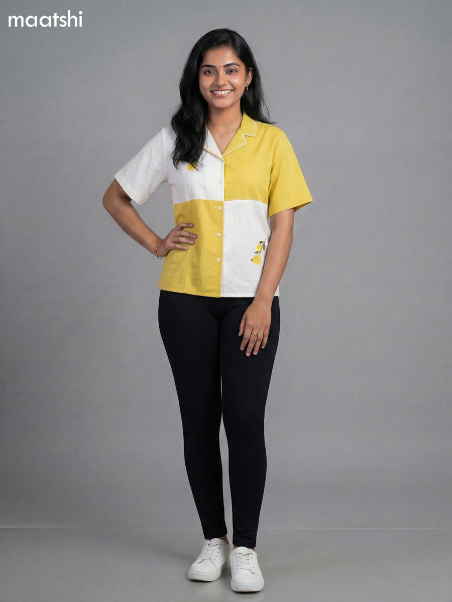Off White and Yellow Cotton Embroidered Women Shirt