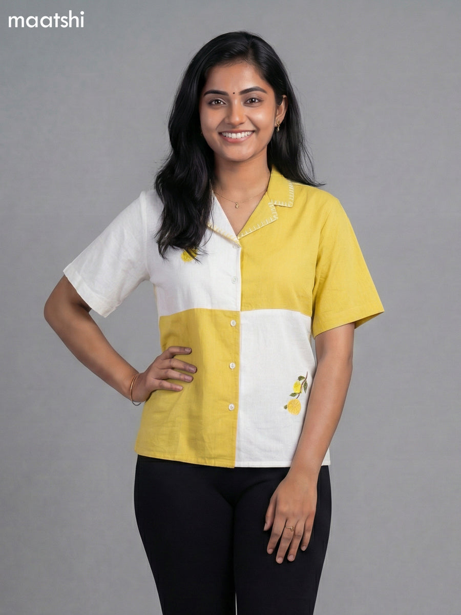 Off White and Yellow Cotton Embroidered Women Shirt