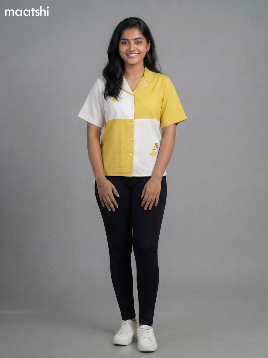 Off White and Yellow Cotton Embroidered Women Shirt