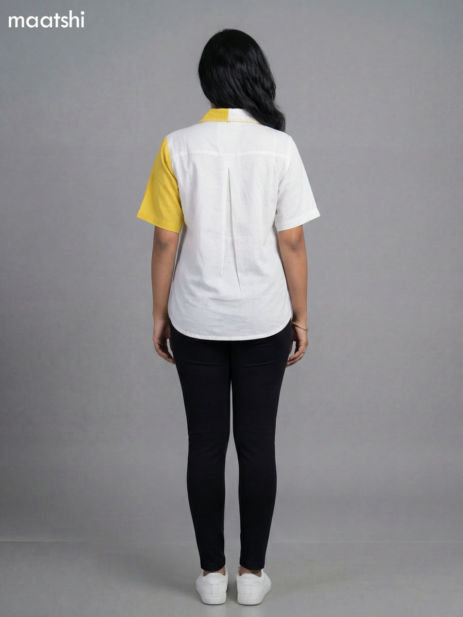 Off White and Yellow Cotton Embroidered Women Shirt