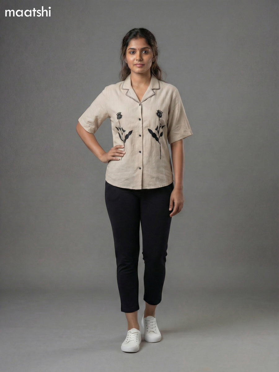 Beige Cotton Embroidered Women Shirt