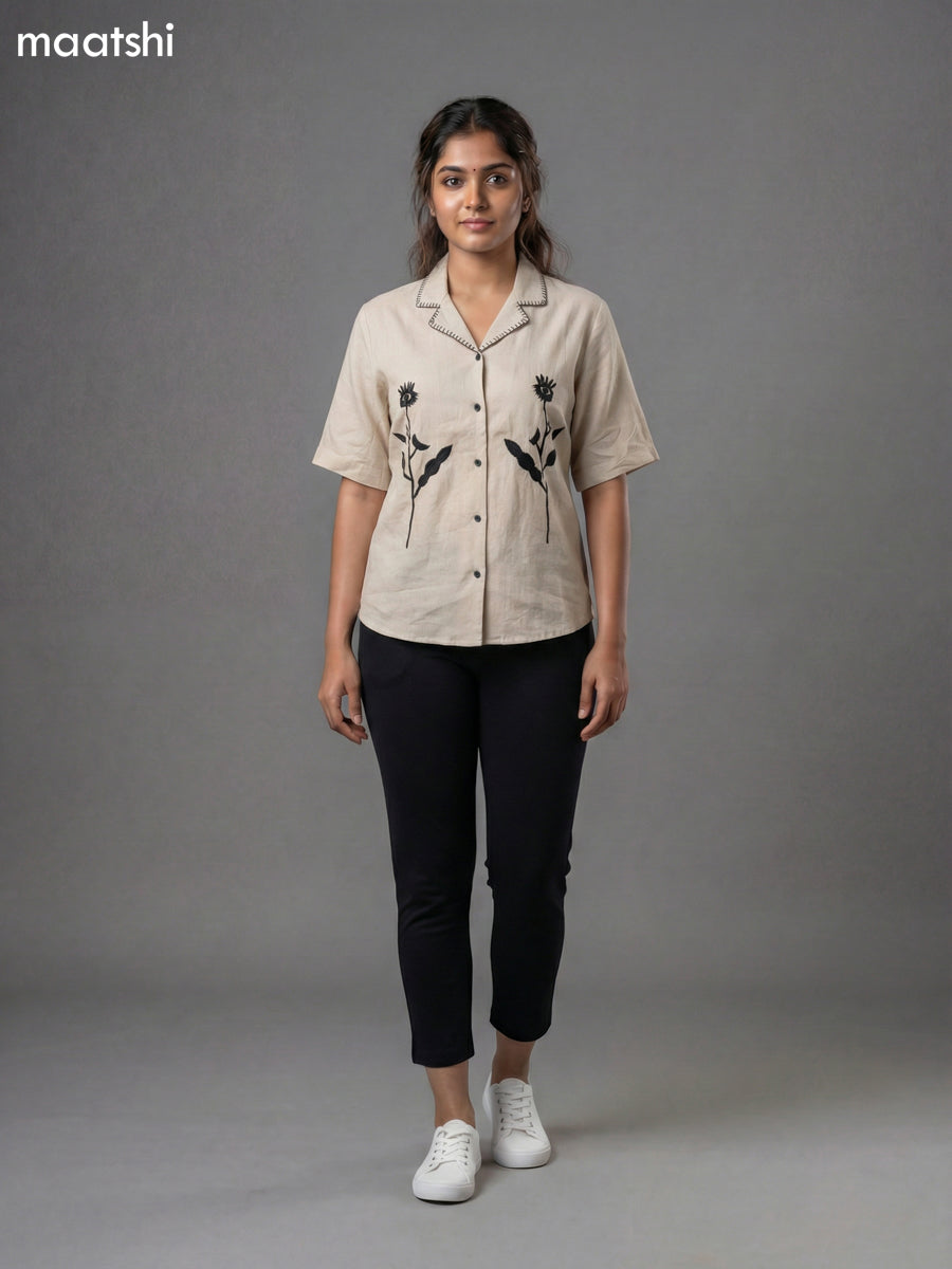 Beige Cotton Embroidered Women Shirt