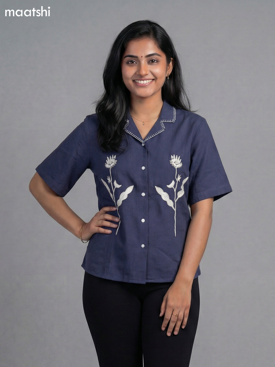 Navy Blue Cotton Embroidered Women Shirt