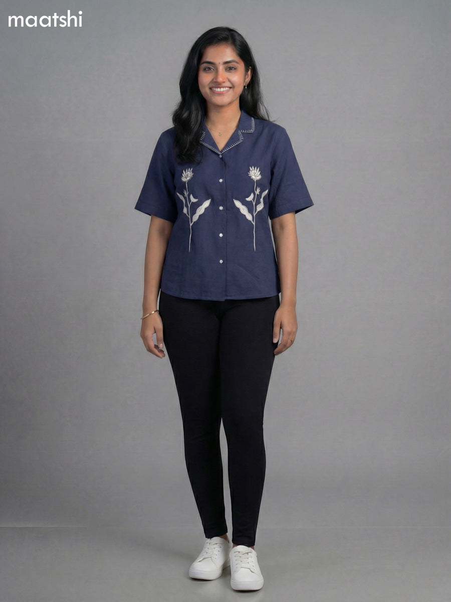 Navy Blue Cotton Embroidered Women Shirt