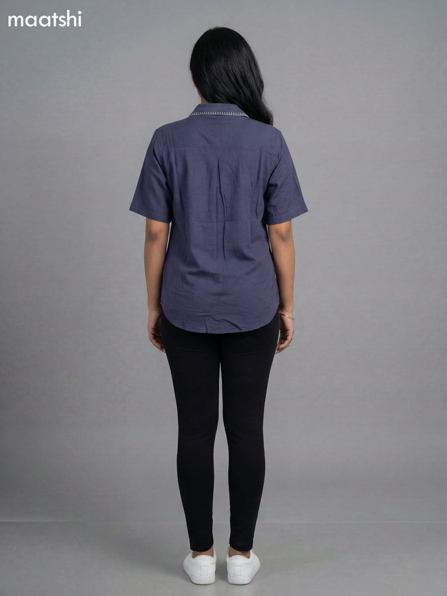 Navy Blue Cotton Embroidered Women Shirt