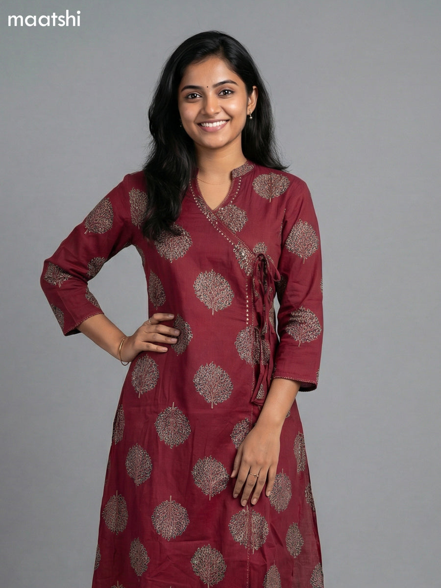 Dark Magenta Pink Cotton Printed Straight Suit