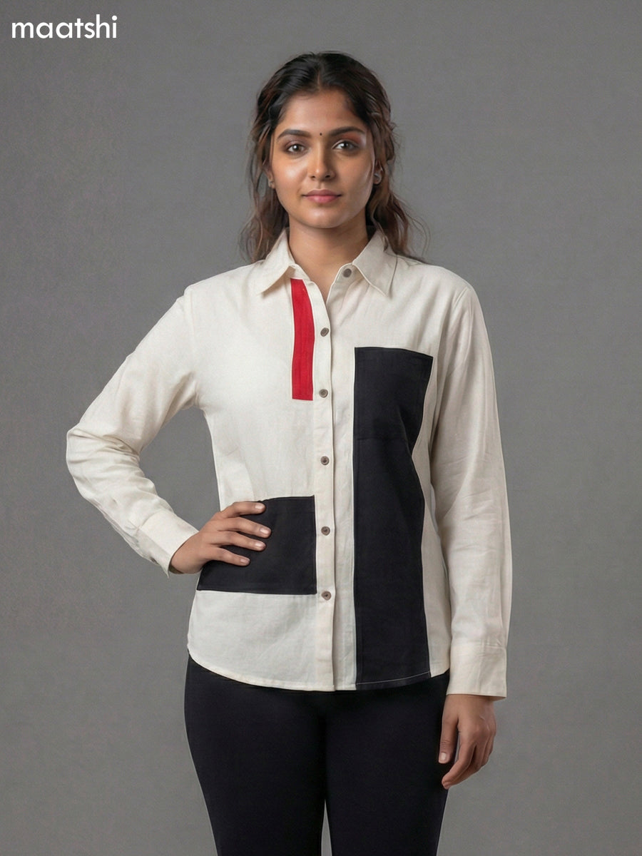 Off White and Black Red Cotton Collar Neck Pattern Women Shirt